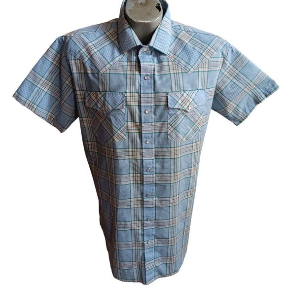 Vintage 1990s Plaid Western SHirt Mens Large BLue Summer Indy Snapper - Picture 1 of 6